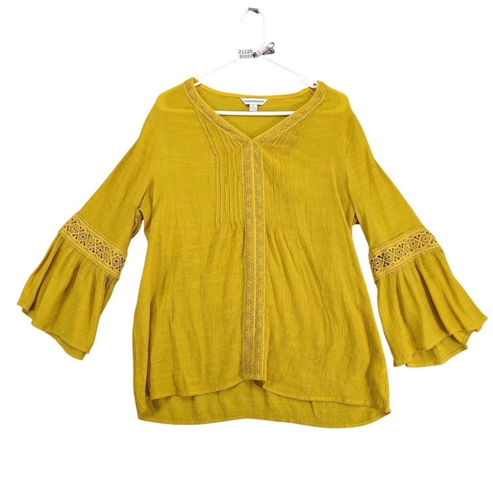 Counterparts Yellow Peasant Blouse Top Sz XL Pintuck Bell Sleeve Lace Boho Chic